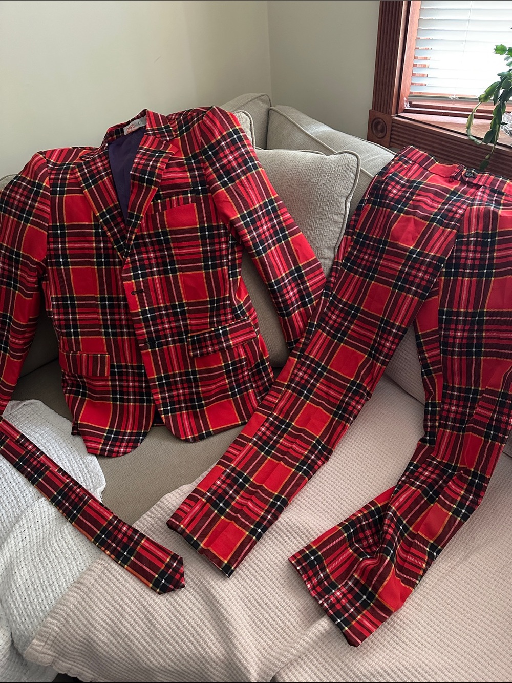 OppoSuits Red Plaid Blazer with pants, & tie  US 38